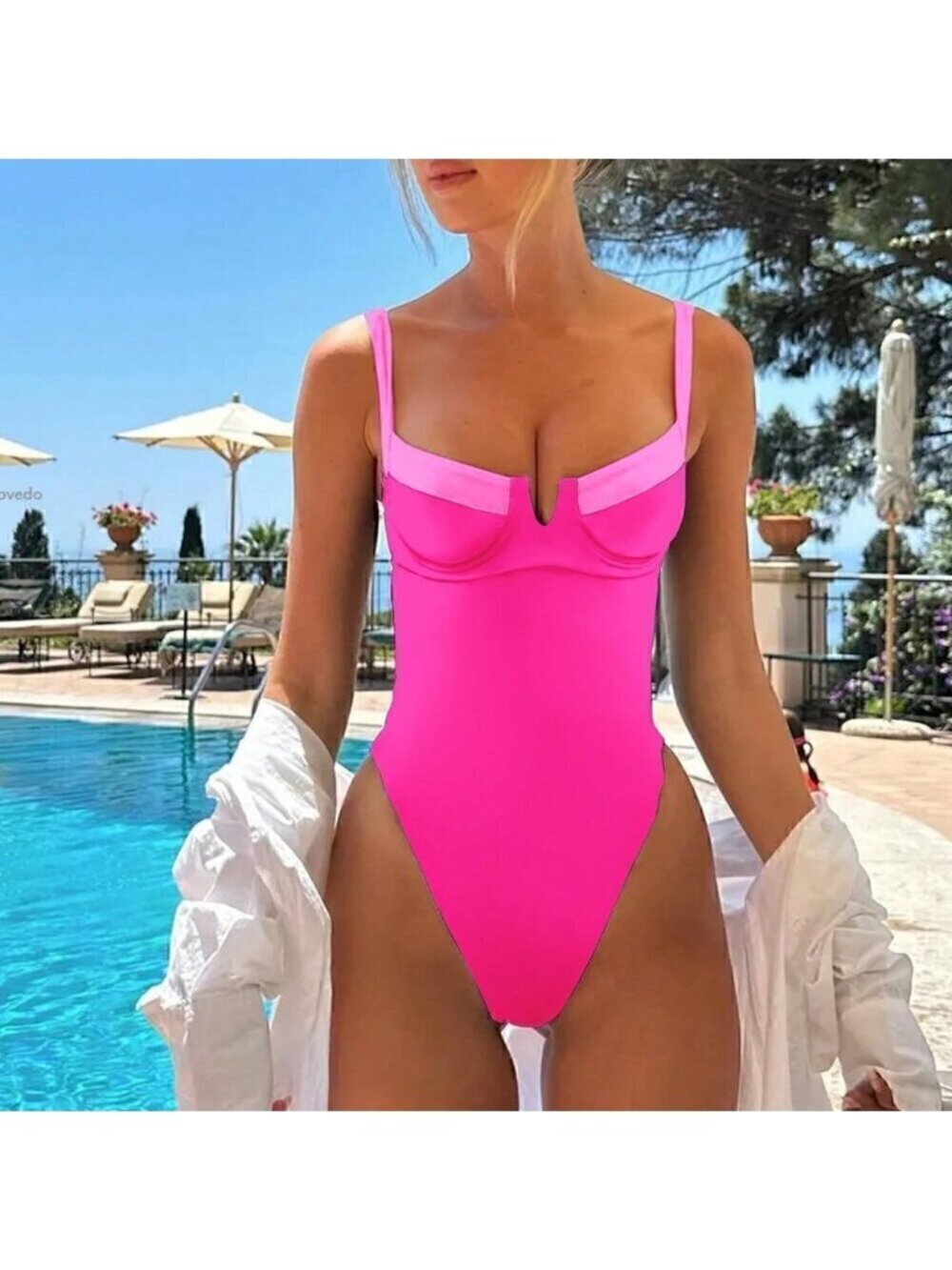 Pink Contemporary Women's European Sexy Spliced Color One-Piece Swimsuit